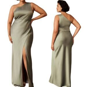 BHLDN Dylan Gown Satin One Shoulder Maxi Dress Empire Waist Slit Green NEW 24